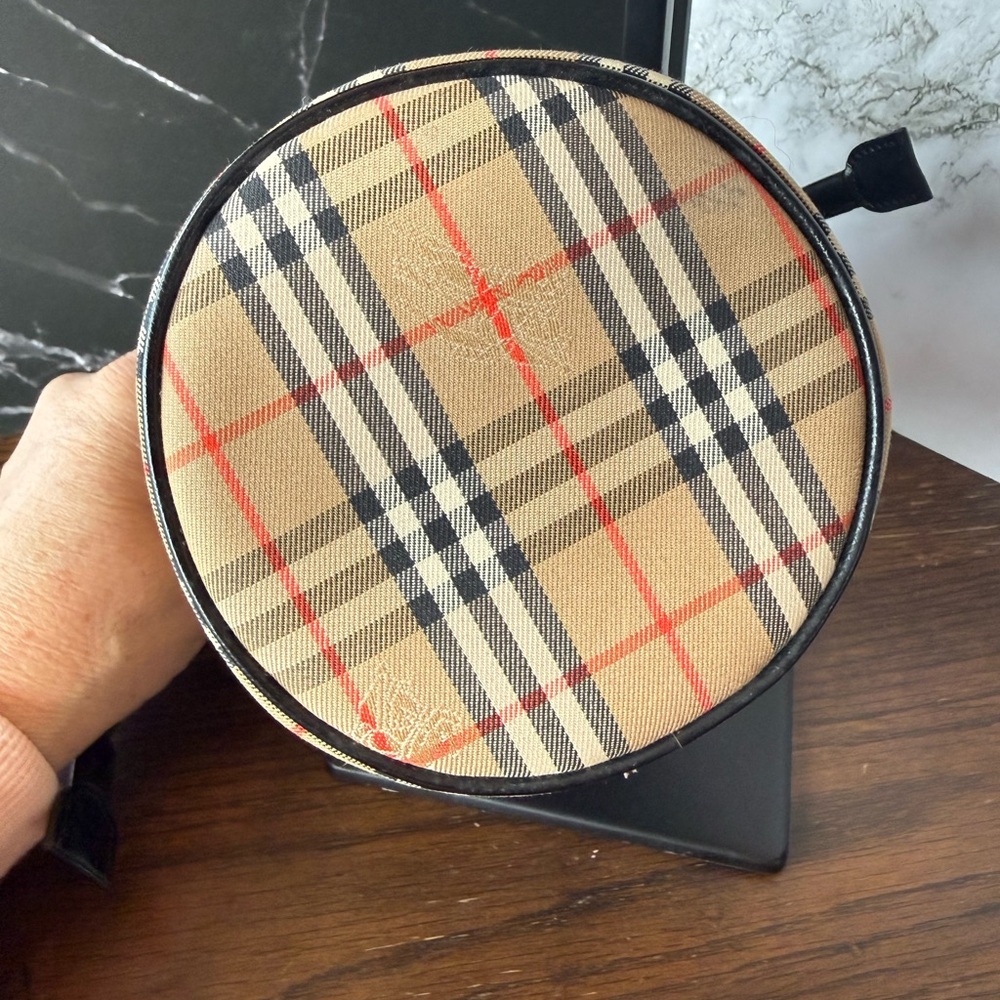 Burberry Beige Classic Check Drawstring Wristlet with Black Trim and Red Accents - Picture 4 of 8